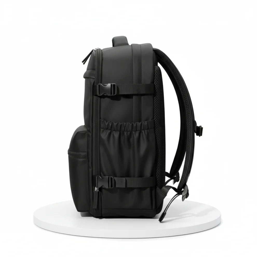Black backpack on a white background