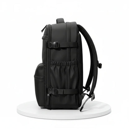 Black backpack on a white background