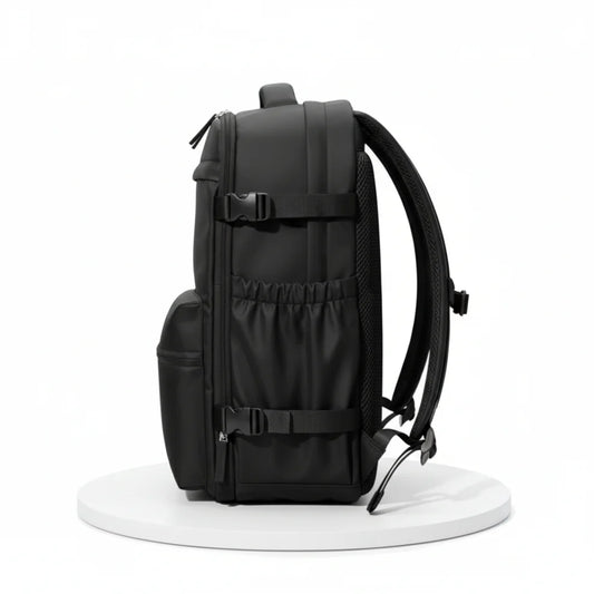 Black backpack on a white background