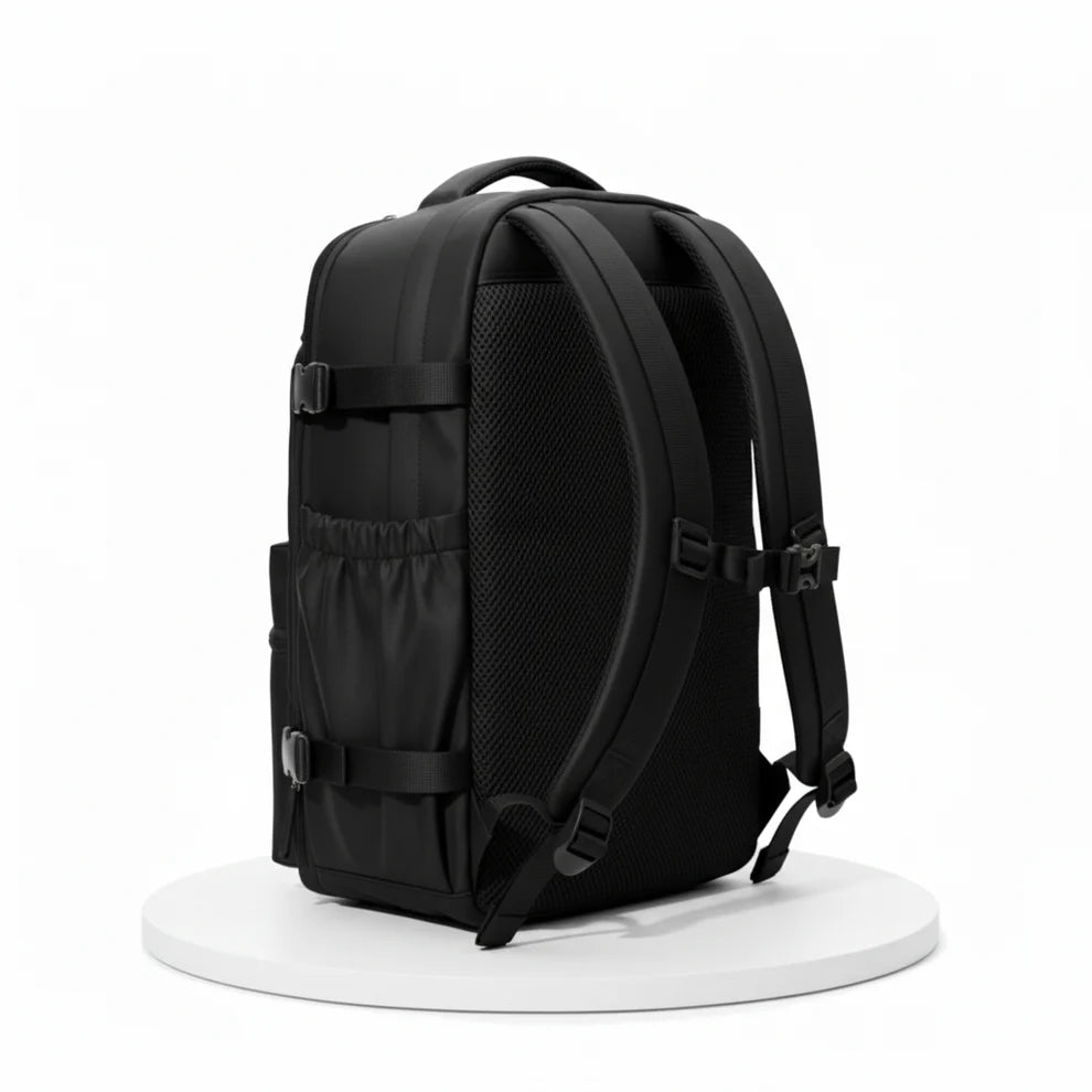Black backpack on a white background
