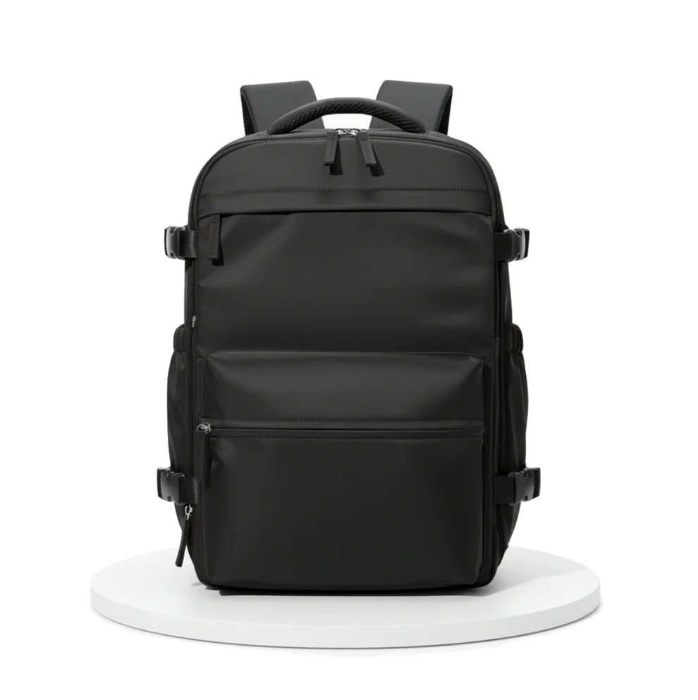 Black backpack on a white background