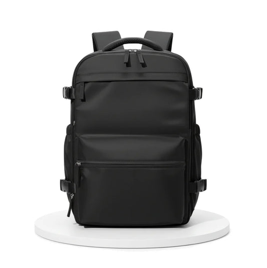 Black backpack on a white background
